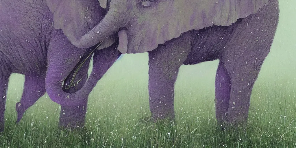 Image similar to purple elephant running in meadow, close up, raining, mountain behind meadow, menacing, illustration, detailed, smooth, soft, cold, by Adolf Lachman, Shaun Tan, Surrealism
