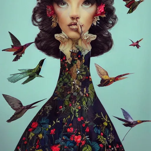 Image similar to full length view of a beautiful girl wearing an origami dress, hummingbirds, elegant, by esao andrews, by eiko ishioka, givenchy, by peter mohrbacher, centered, dramatic, floral ornamentic on cloth and hair, detailed beautiful face, high depth of field, origami, detailed fashion illustration, vogue, japanese, reallusion character creator