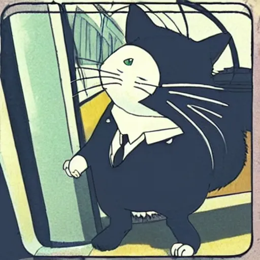 Image similar to “ angry cat wearing a suit riding the subway, studio ghibli, spirited away, anime, by hayao miyazaki ”