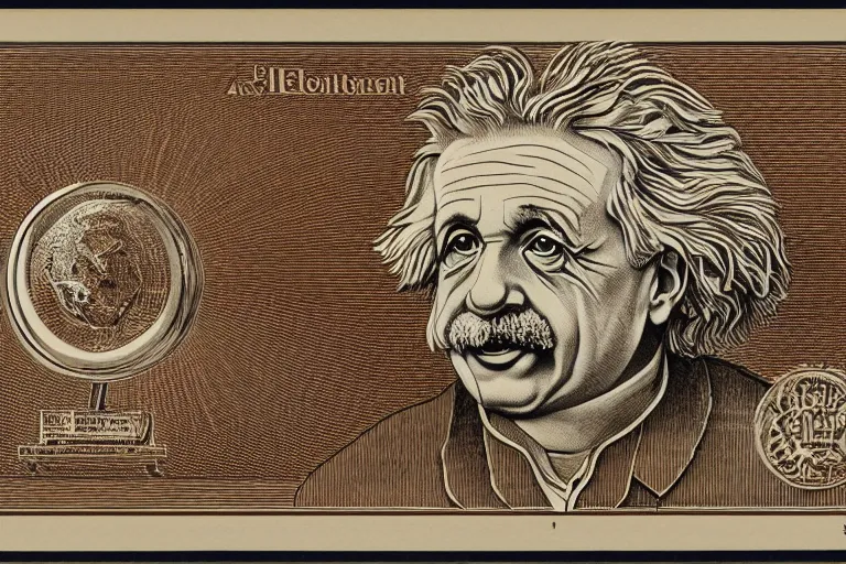 Image similar to an engraved portrait of albert einstein with equations of theory of relativity, detailed!!! copper - plate engraving in the style of money bills, fine!!! lines, engraved by alfred sealey, bureau of engraving and printing