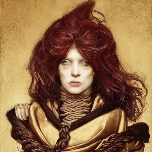 Image similar to portrait of a Shibari rope wrapped face and neck, headshot, insanely nice professional hair style, dramatic hair color, digital painting, of a old 15th century, old cyborg merchant, amber jewels, baroque, ornate clothing, scifi, realistic, hyperdetailed, chiaroscuro, concept art, art by Franz Hals and Jon Foster and Ayami Kojima and Amano and Karol Bak,