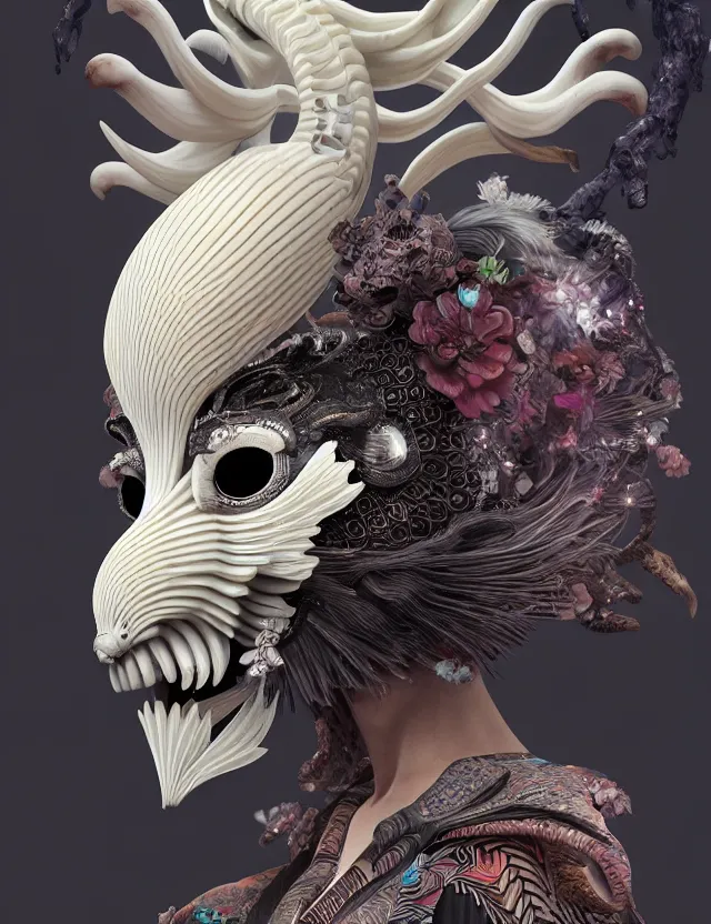 Image similar to 3 d goddess close - up frontal portrait with ram skull. beautiful intricately detailed japanese crow kitsune mask and clasical japanese kimono. betta fish, jellyfish phoenix, bio luminescent, plasma, ice, water, wind, creature, artwork by tooth wu and wlop and beeple and greg rutkowski