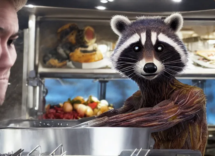 Image similar to film still of Rocket Racoon working as a food truck chef in the new Guardians of the Galaxy movie, 4k