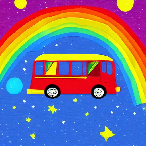 Image similar to a bus riding a rainbow in space, cartoon art, colorful