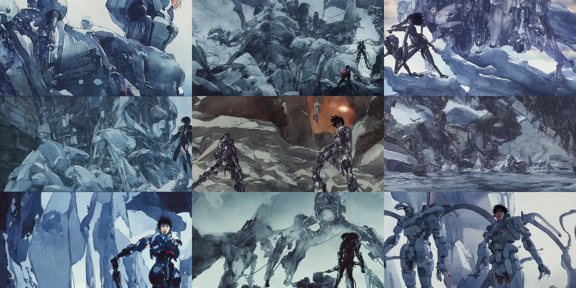 Prompt: incredible wide screenshot, simple watercolor, masamune shirow ghost in the shell movie scene Kusanagi, Giant robot head inside the ice, giant robot bones, spine and ribs in glacier in Antarctica, golden hour, rocky cliff, rock climbing, grapple hook, shady look, contrast, detail, spontaneous, steampunk, intense, volatile, slipping, sliding, gripping, punching, running, walking, sitting, sleeping, coffee break, study, subtle glow under the ice, frozen waterfall, frost, snow, wearing a parker, windy, dust, most memorable scene, red, blue, orange, blue short hair, odd pipes, greebles, ice, metallic reflections, refraction, bounce light, phil hale, Yoji Shinkawa, bright rim light, hd, 4k, remaster, dynamic camera angle, deep 3 point perspective, fish eye, dynamic scene