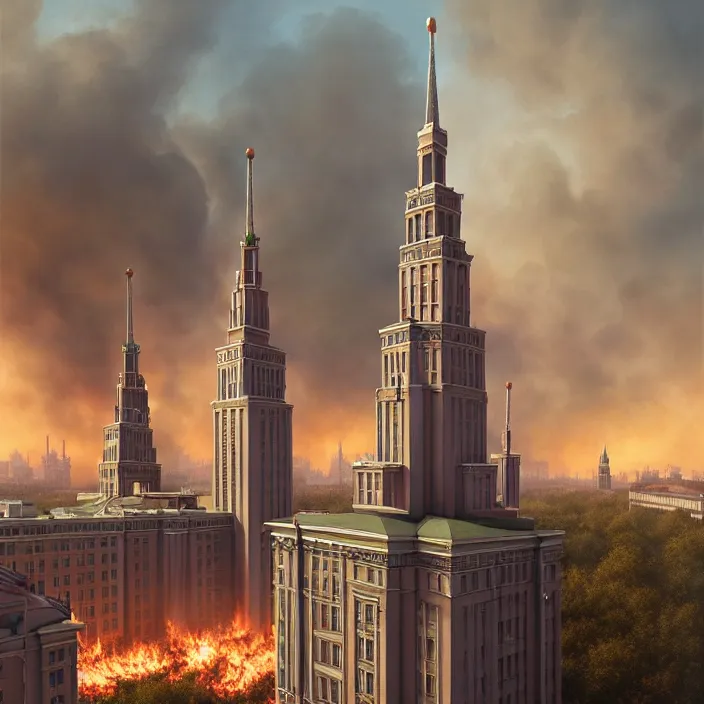 Image similar to matte painting of a moscow state university building on fire, masterpiece, cinematic, hyperdetailed, photorealistic, hyperrealism, octane render, depth of field, bokeh, architecture, aerial view, art by tom bagshaw, geof darrow, james gurney, filip hodas