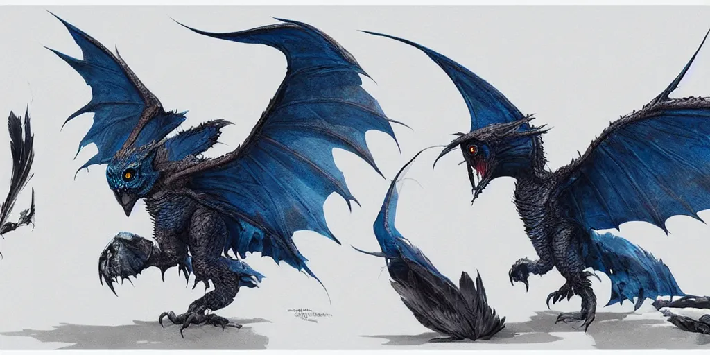 Image similar to Draconian dark reflective blue owl creature, character design sheet, Monster Hunter Illustrations art book, sharp and scaly feathers, huge wings, thick and strong legs, huge and sharp claws, red beak, Moebius, Greg Rutkowski, Zabrocki, Karlkka, Jayison Devadas, Phuoc Quan, trending on Artstation, 8K, ultra wide angle, zenith view, pincushion lens effect.