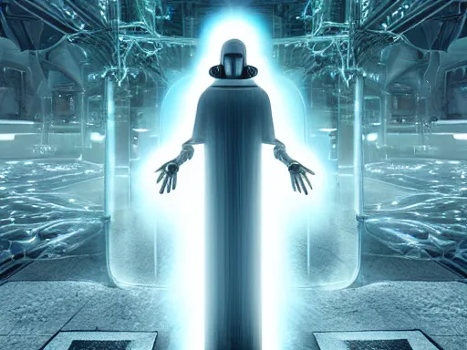 Prompt: a gray faceless figure, ascended, robot wizard, NPC with a saint's halo, saintly halo behind their head made of neon filigree, consulting the cyber oracle of all knowledge, at the end of time, in an esoteric ritual exchange of physical code, muted neon mists obscure the towering arcological ruins of future cities, 8k, 4k, unreal 5, DAZ, trending on artstation, octane render, hyperrealistic, abstract painting, bright blue future, in the style of Wayne Barlowe, abstract painting oil on canvas, surreal, cyberpunk, vaporwave aesthetic