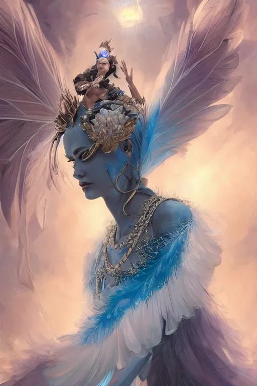 Image similar to beautiful model wearing crystal white feathers, blue magic, diamonds, angel, fantasy, dramatic lighting, highly detailed, digital painting, holding electricity, magic the gathering, hyper detailed, 3 d render, hyper realistic detailed portrait, peter mohrbacher, wlop, ruan jia