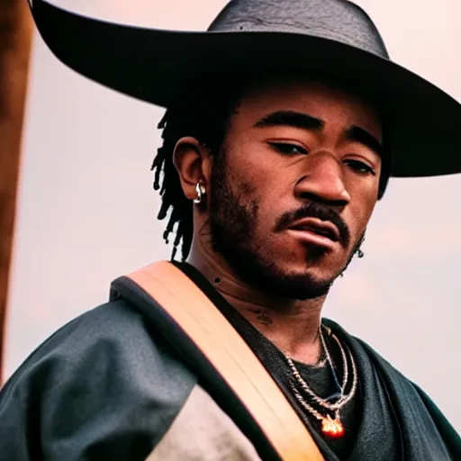 Image similar to cinematic film still of Lil Uzi starring as a Samurai holding fire, Japanese CGI, VFX, 2022, 40mm lens, shallow depth of field, film photography