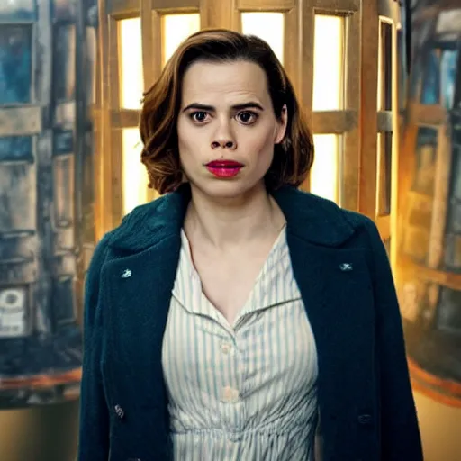 Image similar to a beautiful full body photograph of hayley atwell dressed as the doctor from doctor who standing in front of the tardis, symmetrical face, extreme realism and detail, 8 k, completely framed, direct lighting, 3 5 mm photo, photorealistic, sharp focus