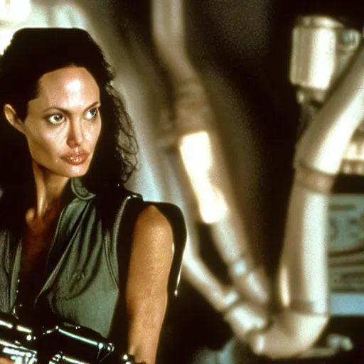Prompt: film still of Angelina Jolie as Ripley from Aliens 1986