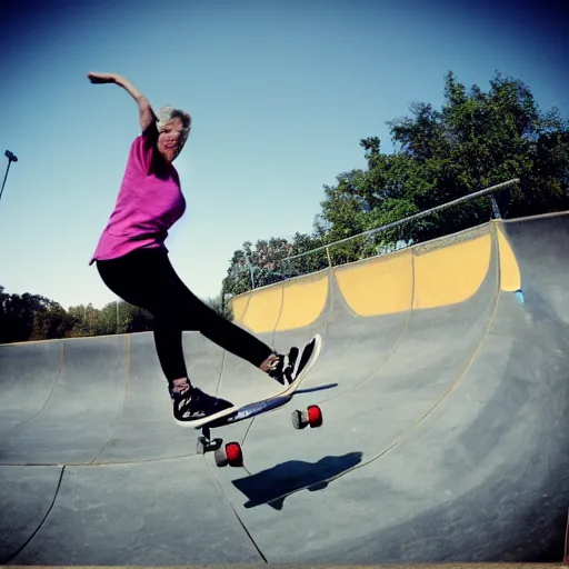 Prompt: my grandmother doing a kick-flip at the skatepark