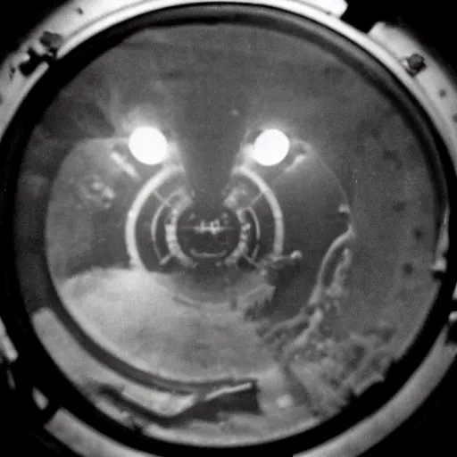 Image similar to an old black and white photo of a nightmarish lovecraftian horror seen through the porthole of a submarine, underwater, creepy, scary, dark,