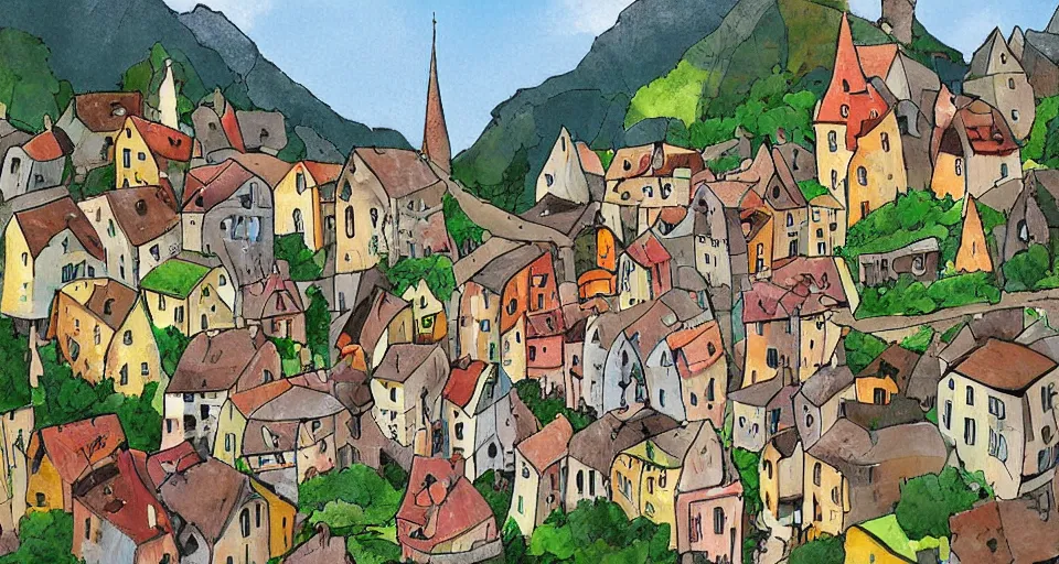 Prompt: a cartoon village in france by didier conrad