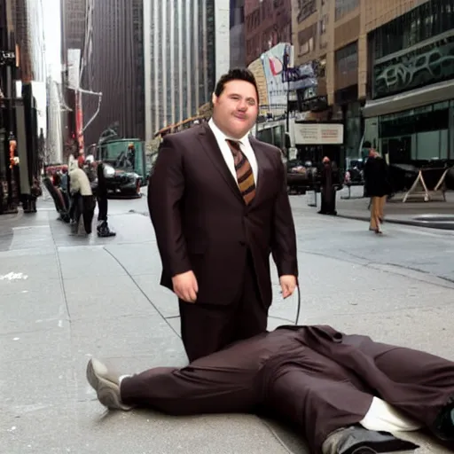 Image similar to A smiling chubby white clean-shaven man dressed in a chocolate brown suit and necktie is laying on the ground in New York city.