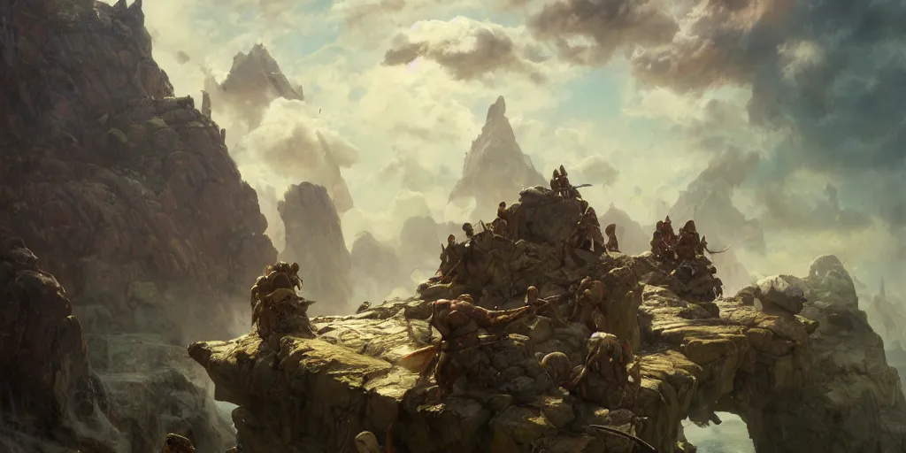 Prompt: barbarians, norse gods, fighting epic battle on rocks floating in the sky, celestial fortress in the clouds, thunder, good composition, artstation, 4 k illustration sharp focus cloceup sunlit painted by ruan jia raymond swanland lawrence alma tadema zdzislaw beksinski norman rockwell tom lovell alex malveda greg staples