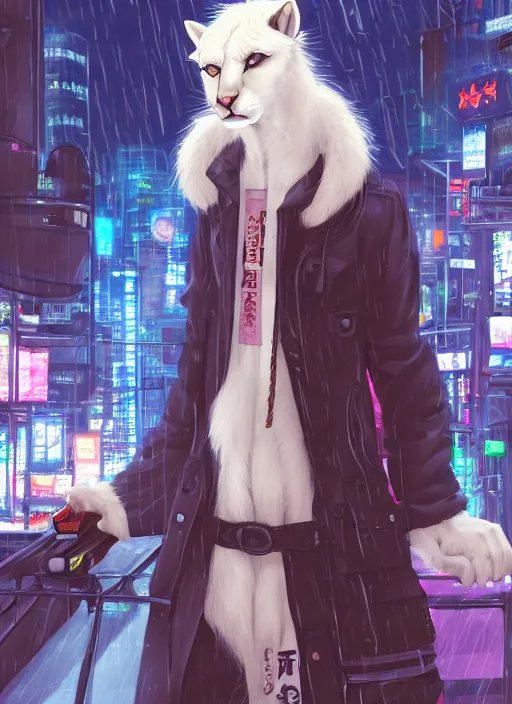 Image similar to character portrait of a male anthro albino mountain lion fursona with a tail and a cute beautiful attractive furry face wearing stylish cyberpunk clothes in a cyberpunk city at night while it rains. hidari, color page, tankoban, 4K, tone mapping, Akihiko Yoshida.