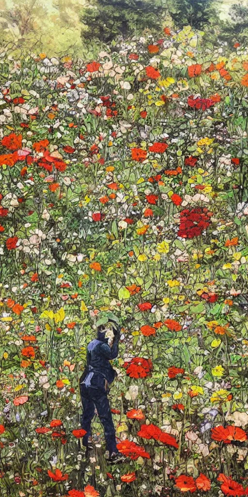 Image similar to oil painting scene from flower fields in the forest by kim jung gi