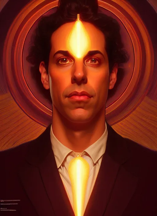 Image similar to symmetry!! portrait of seinfeld, glowing lights!! intricate, elegant, highly detailed, digital painting, artstation, concept art, smooth, sharp focus, illustration, art by artgerm and greg rutkowski and alphonse mucha