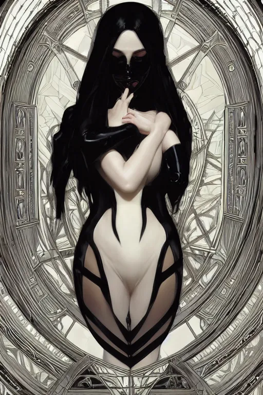 Image similar to beautiful pale gothic girl in black latex intricate, symmetrical front, elegant, highly detailed, digital painting, artstation, concept art, smooth, sharp focus, illustration, art by artgerm and greg rutkowski and alphonse mucha