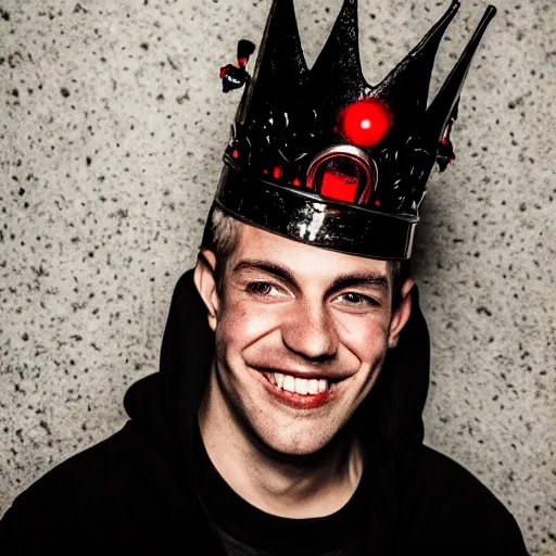 Image similar to man with a crown, smirk, photograph, black background, glowing red eyes, grin