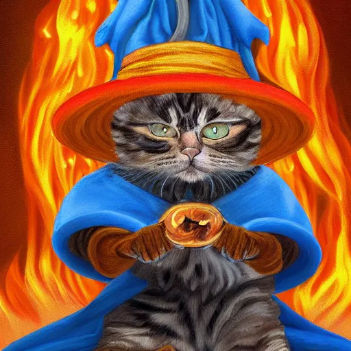 Prompt: An oil painting portrait of a cat wizard wearing blue robes casting a fire spell, digital art