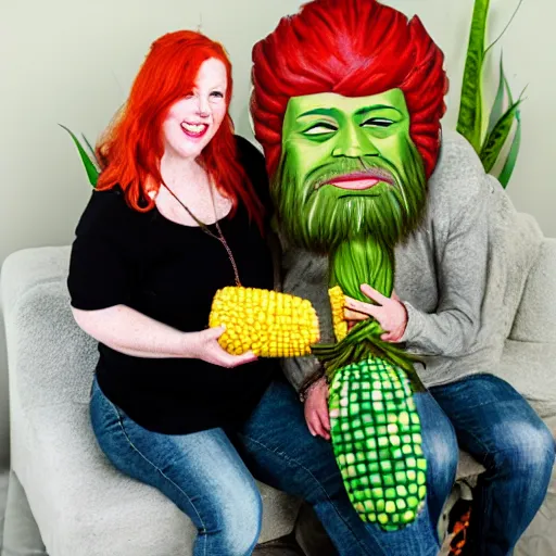 Image similar to photo of a redheaded woman and a man with a thick dark beard and tattoos. They are holding a giant corn with a babies face