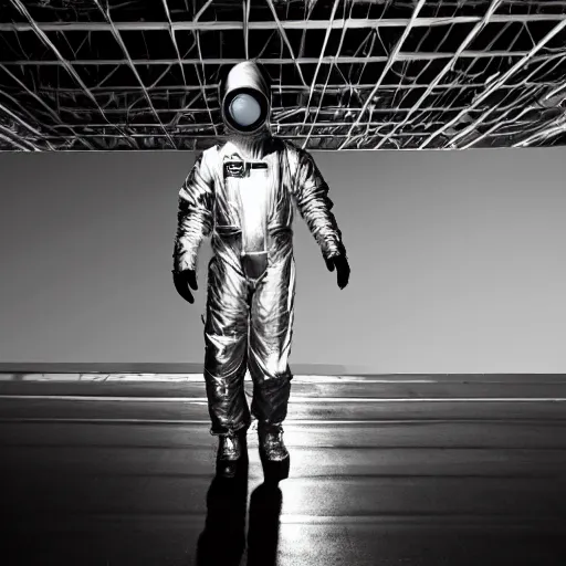 Image similar to mysterious man in silver space suit, walking on a small industrial catwalk, floating in deep space with a black background, photograph, wide angle, long shot