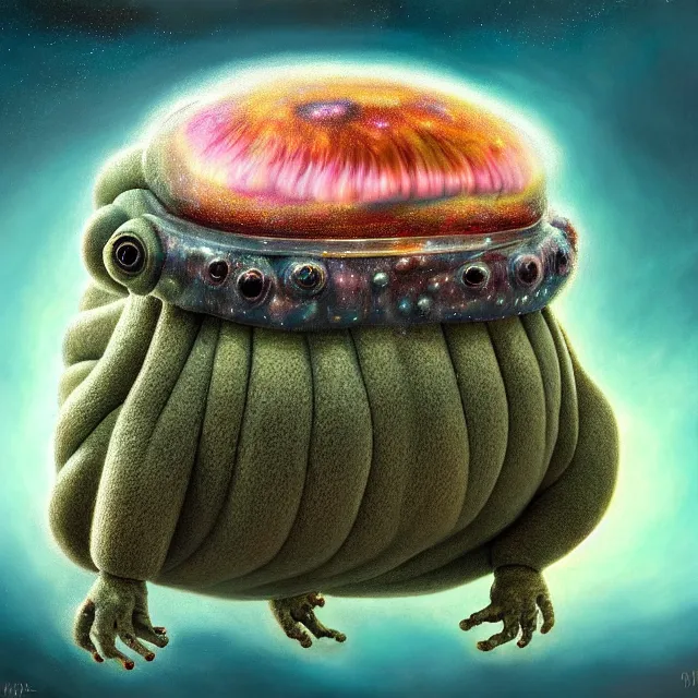 Image similar to a highly detailed tardigrade, it has a beautiful unconventional face, floating through deep space, elegant, hyperrealistic, digital painting, artstation, realism, concept art, pop, smooth, mythological, sharp focus, qualia, illustration, art by mark ryden 3 d 8 k ultra detailed