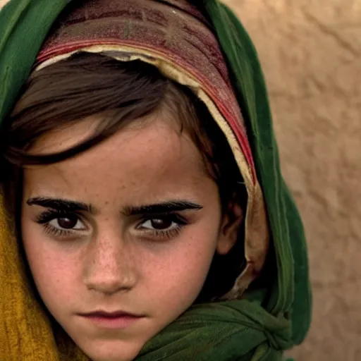 Image similar to photo of emma watson, afghan girl, award - winning photo by national geographic