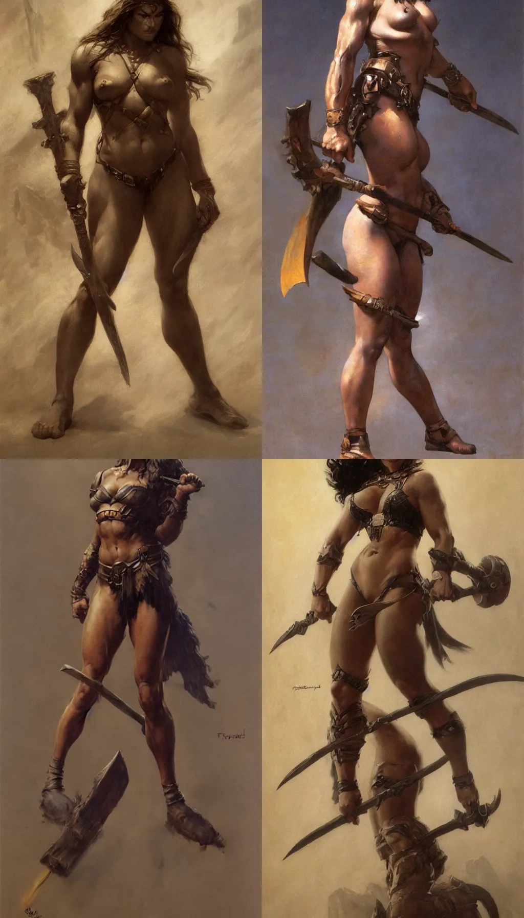 Prompt: full body portrait of a strong fierce female barbarian by Frank Frazetta and Jean Delville, trending on artstation, cgsociety, wlop, cosmic, epic, stunning, gorgeous