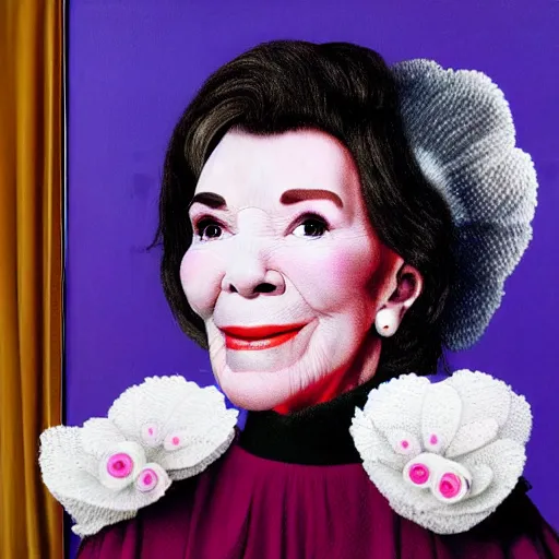 Prompt: nancy reagan dressed as bjork, painted by mark ryden,