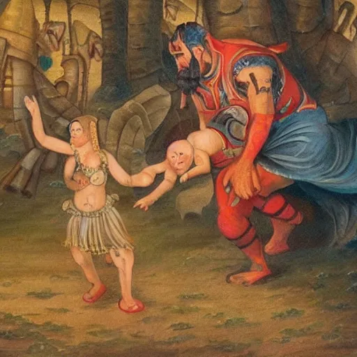 Image similar to painting of, a warrior dad protecting his little daughter, from the demons of life, highly detailed