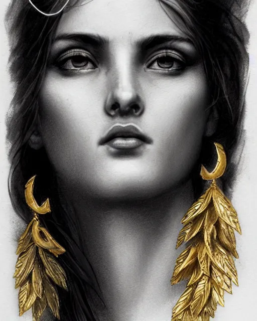 Prompt: front view of beautiful aphrodite greek goddess wearing a gold laurel wreath and triangle earrings, hyper - realistic tattoo sketch, beautiful piercing eyes with sharp pupils, beautiful blonde hair, in the style of greg rutkowski, fantasy, amazing detail, epic, elegant, smooth, sharp focus