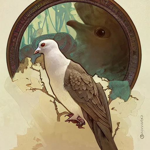 Prompt: Portrait of anthropomorphic Pigeon. Beautiful digital art by Greg Rutkowski and Alphonse Mucha. pigeon head