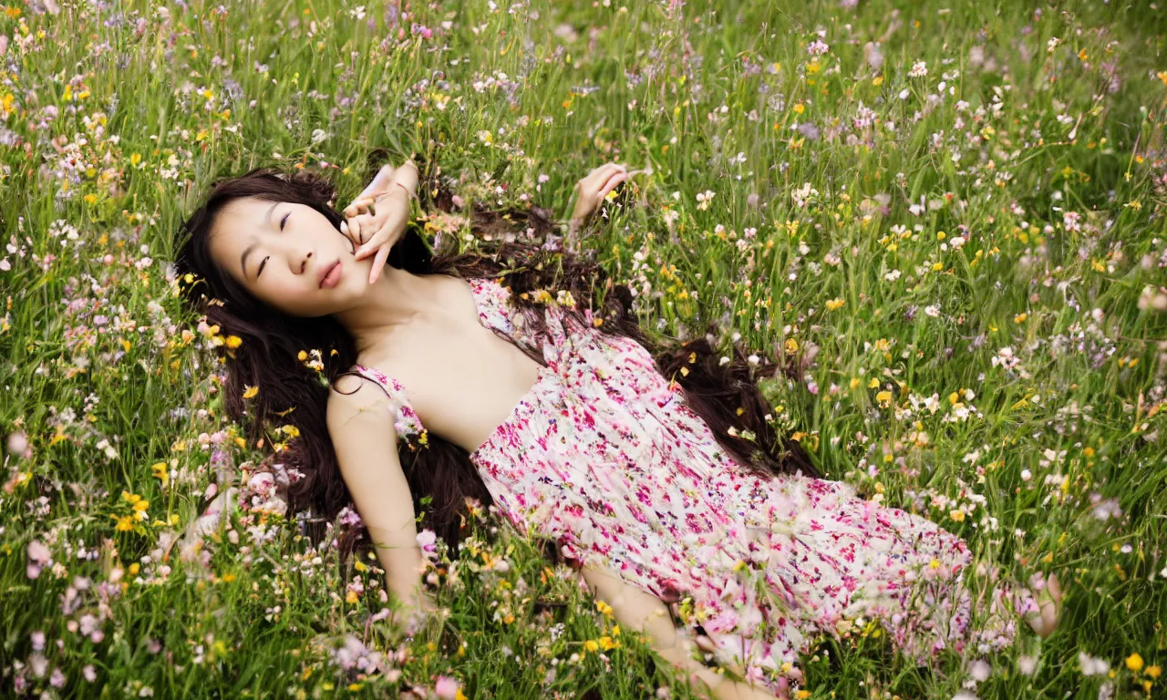 Prompt: a beautiful young Asian woman lying in a field of wildflowers, wearing a sun dress, portrait, dreamy, cinematic, depth of field, glow