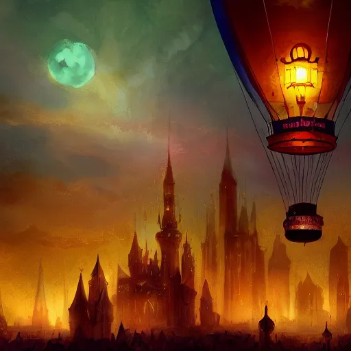 Image similar to a beautiful stunning fantasy whimsical matte digital illustration of a scene of a hot - air balloon powered by magic over a lit city at night by marc simonetti, pastel color palette, disney magic the gathering steampunk, chiaroscuro magical bokeh moon stars dramatic romantic epic breathtaking, trending on artstation hq, masterpiece