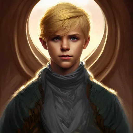 Prompt: an epic fantasy comic book style portrait painting of a young blonde boy wearing plain thief clothes, confident, d & d, fantasy, intricate, elegant, highly detailed, digital painting, artstation, concept art, matte, sharp focus, illustration, art by artgerm and greg rutkowski and alphonse mucha