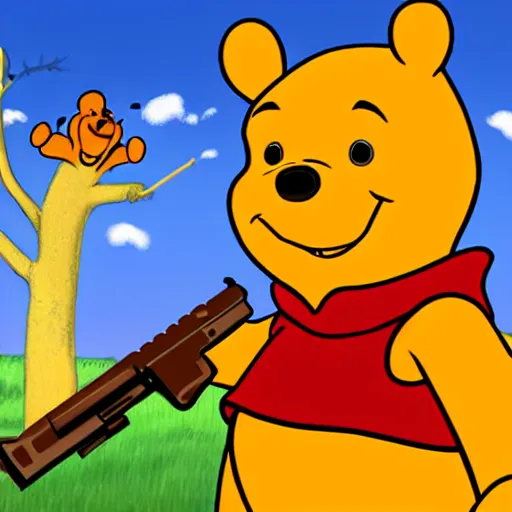 Image similar to animated 2 d styled portrait of whinnie the pooh with a gun