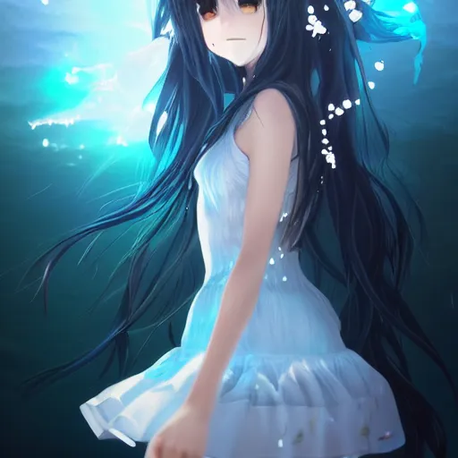 Image similar to advanced digital art, a very cute anime girl wearing a dress made of water standing in a crystal lake turning into mist , full body, very long black hair, azure blue watery eyes, full round face, cinematic lighting, MCU, mid-shot, highly detailed, trending on artstation, Unreal Engine 4k, Stanley Artgerm Lau, WLOP, Rossdraws, James Jean, Andrei Riabovitchev, Marc Simonetti, and Sakimichan