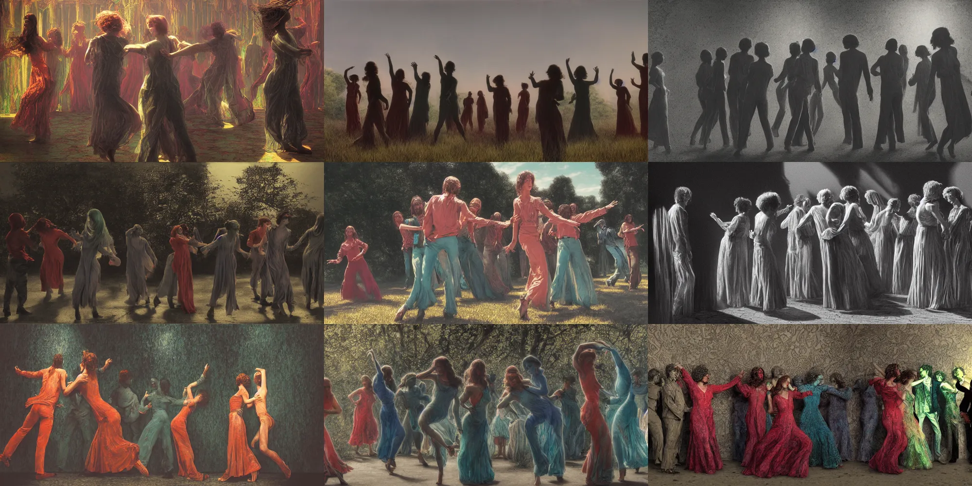 Prompt: shadow people of the 1 9 7 0 s dancing by gustave dore. back glass painting, carnation, encaustic painting, b - roll, establishing shot, dappled light, crime scene photography, 8 k, vray, unreal engine, blender cycles, colorful