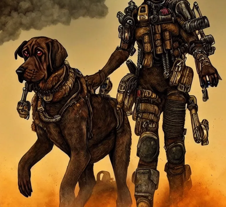 Image similar to a good ol'bloodhound pup fursona ( from the furry fandom ), heavily armed and armored facing down armageddon in a dark and gritty version from the makers of mad max : fury road. witness me.