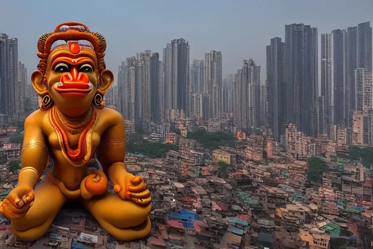 Image similar to high quality 3 d cyberpunk biomorphic hanuman head building in the middle of mumbai!!, kalighat highly detailed, cinematic smooth, stephen shore & john j. park, soft morning light, wide shot, high angle, uhd 8 k, deep focus