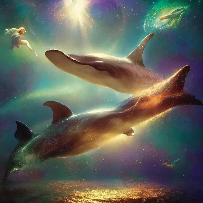 Image similar to glimmering whale, dolphins, cosmos, milky way galaxy, golden hour, god rays, coral reef, dreamscape by artgerm and ruan jia and ismail inceoglu and greg olsen, masterpiece, beautiful, intricate, elegant, highly detailed