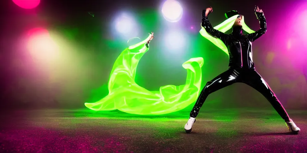 Image similar to break dancer wearing black latex with neon lights, long exposure shot, tron, cinematic view from lower angle, fog on the floor