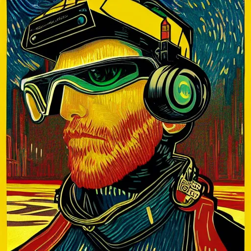 Image similar to Illustrated by Shepard Fairey and H.R. Geiger | Cyberpunk VAn Gogh with VR helmet, surrounded by cables