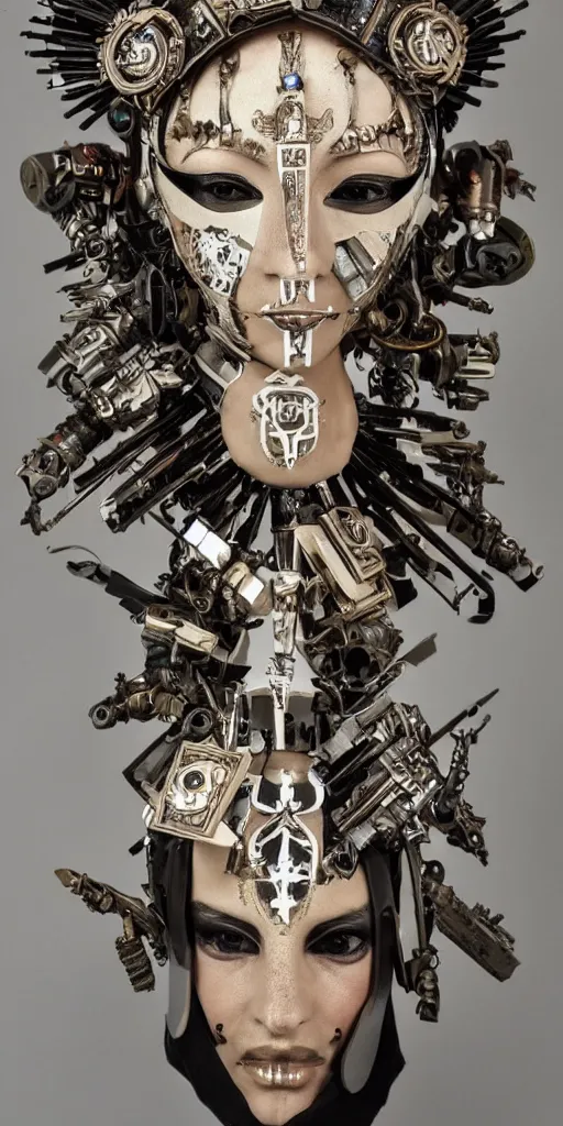 Image similar to a beautiful cyborg made of catholic and pagan symbols ceremonial maske