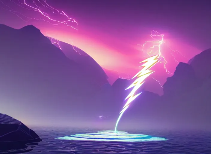 Image similar to a luminescent lightning sword in a lake by paolo eleuteri serpieri and tomer hanuka and chesley bonestell and daniel merriam and tomokazu matsuyama, unreal engine, high resolution render, featured on artstation, octane, 8 k, highly intricate details, vivid colors, vector illustration