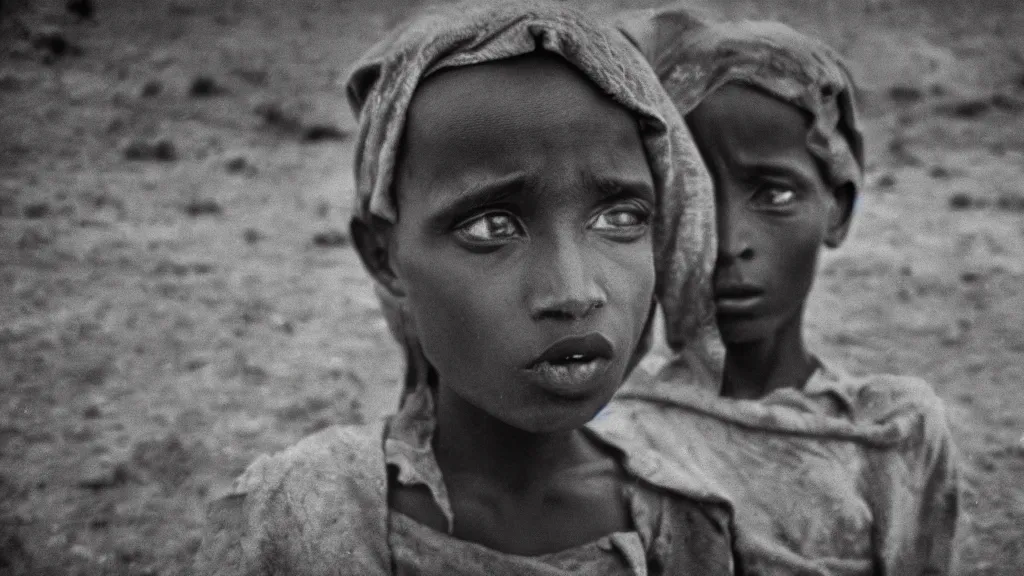 Prompt: 1984 Ethiopian famine and drought, moody, dark, portrait picture, movie scene, hd, 4k